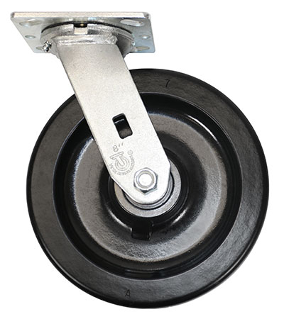 Side view of swivel caster with black wheel